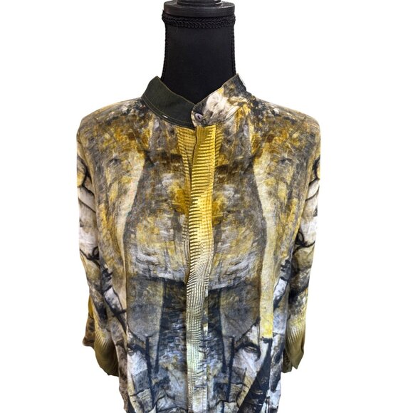 Dilemma New York Abstract Print Lightweight Blouse L Yellow/Gray/Black Artsy - Picture 2 of 11